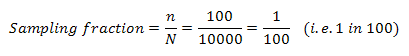 Equation: the sampling fraction f equals the sample size n divided by the population size N