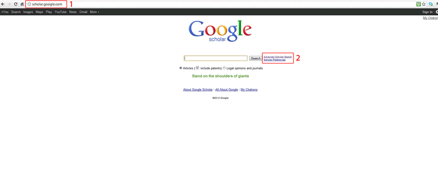 Screenshot of the Google Scholar homepage with its search box.