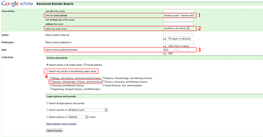 Screenshot of Google Scholar with the parts to consider when searching for review articles highlighted in red.