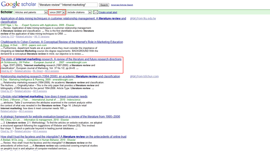 Screenshot of the first part of the list of review articles returned by the Google Scholar search.