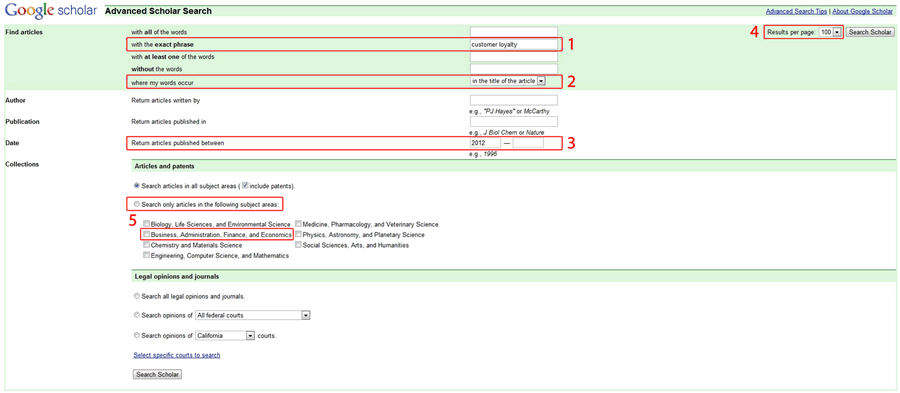 Screenshot of Google Scholar with the six steps for setting up an article search highlighted in red, using the degree of Management as an example.